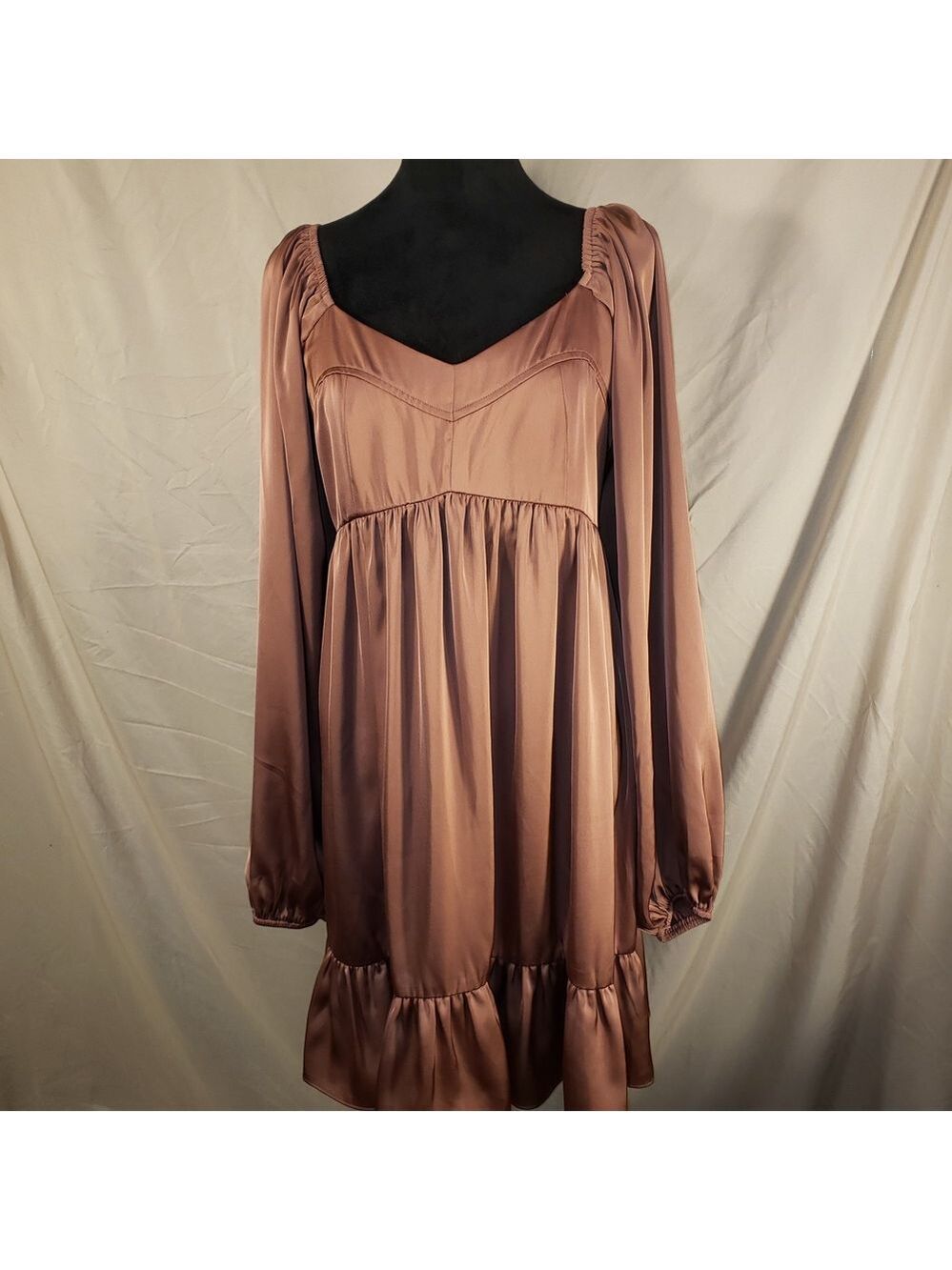 Mittoshop Satin Long-Sleeve Babydoll Dress in Rose Taupe - L - Picture 1 of 6